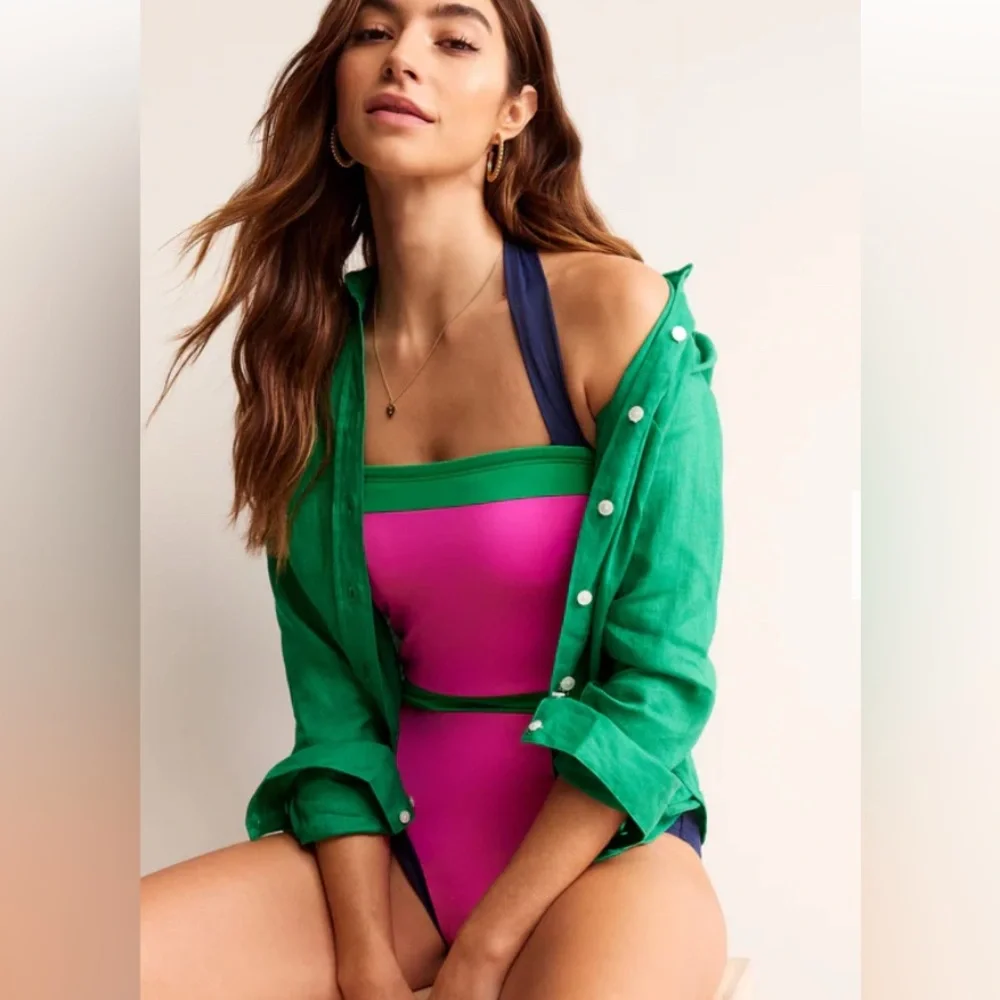 Boden Santorini Pink and Green One Piece Swimsuit with Color-Block Design - Picture 2 of 8